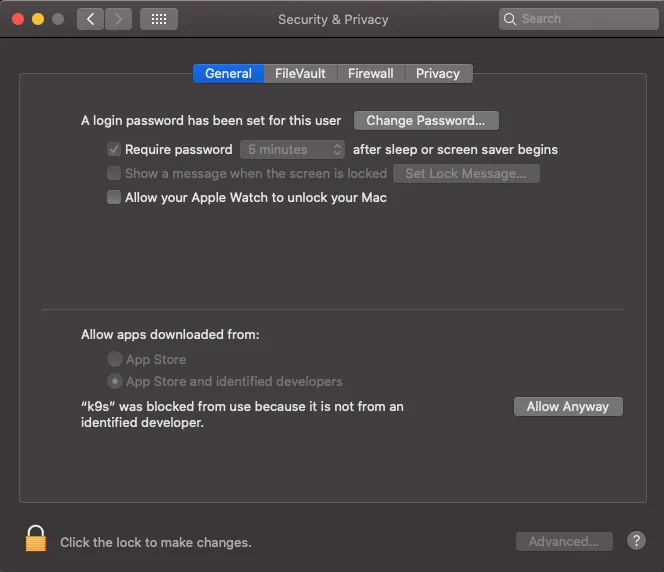 macOS Security & Privacy preferences, showing the Allow Anyway option