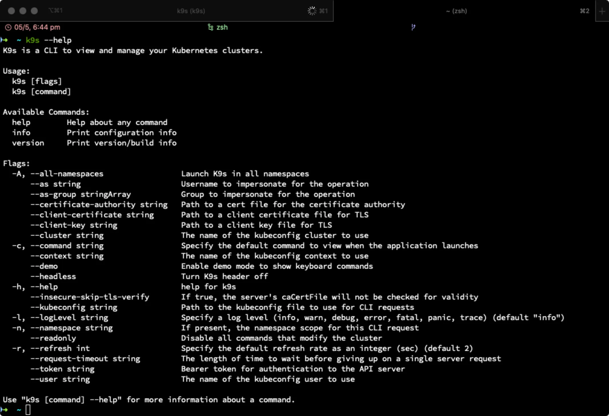 K9s command-line help output