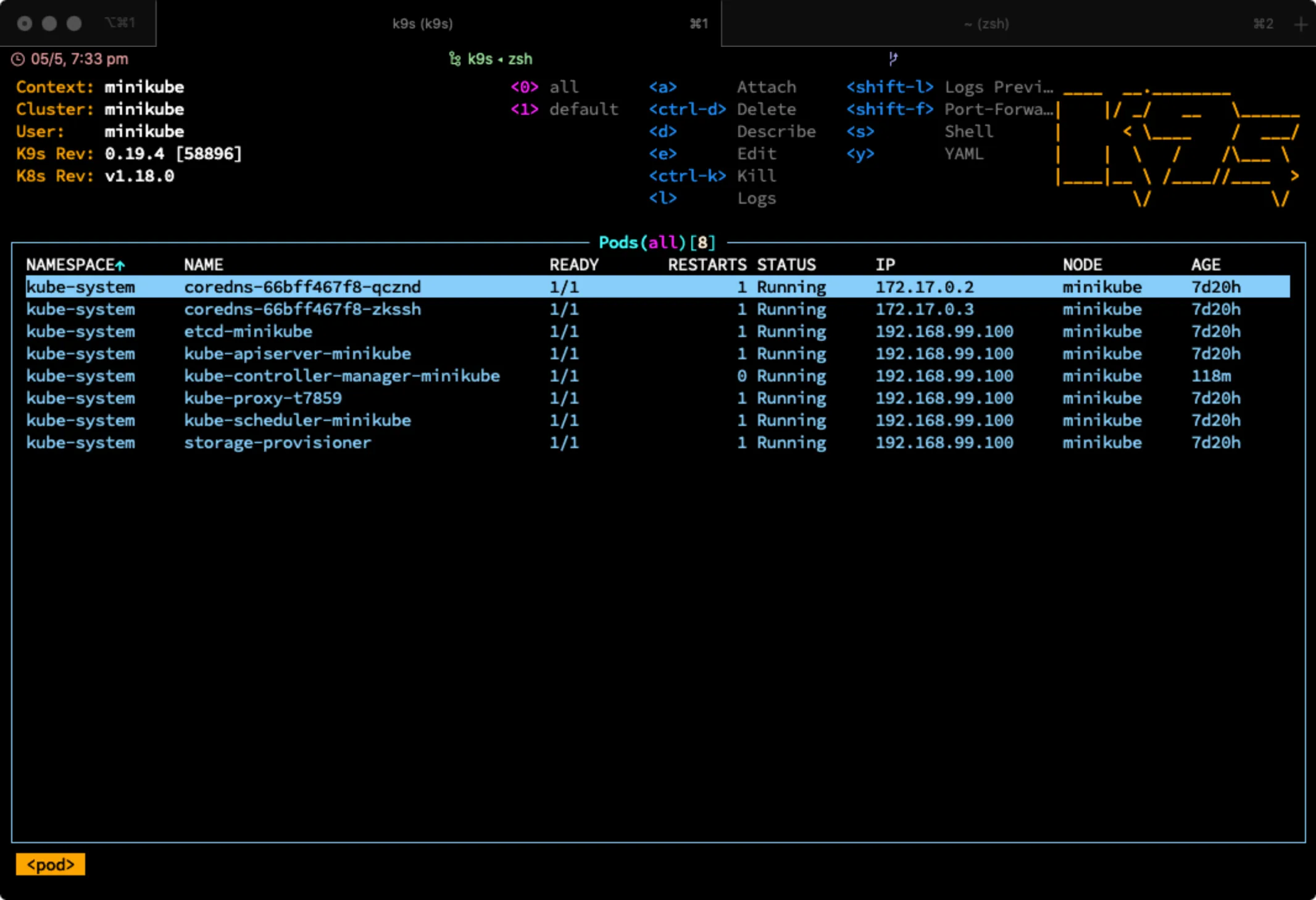 The K9s dashboard on launch