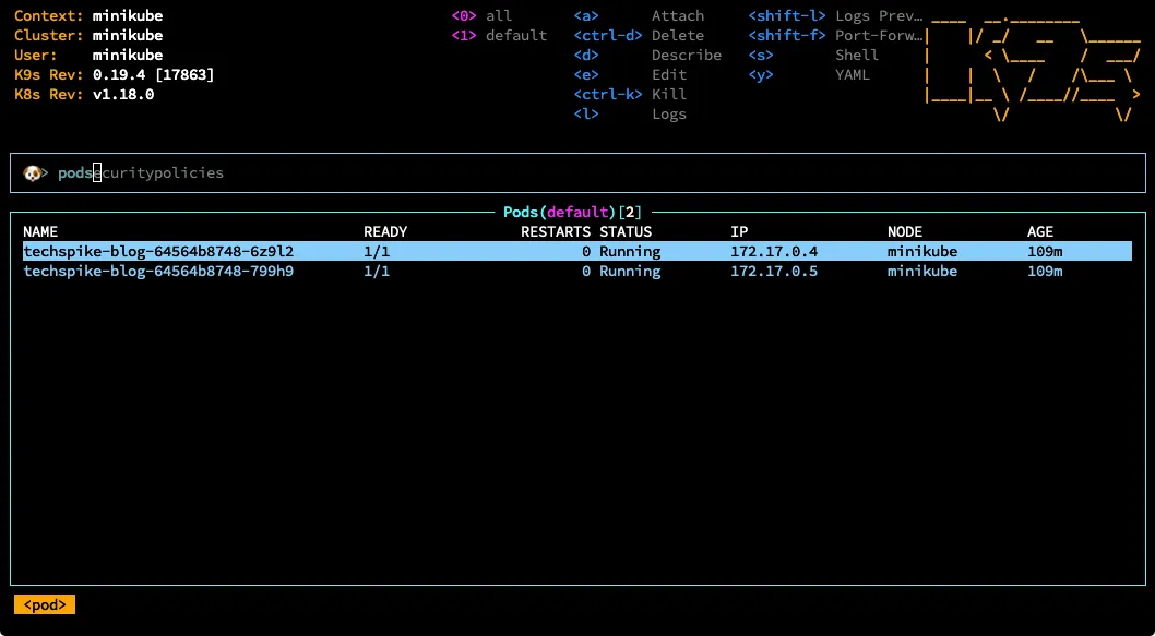 Selecting a resource type in K9s